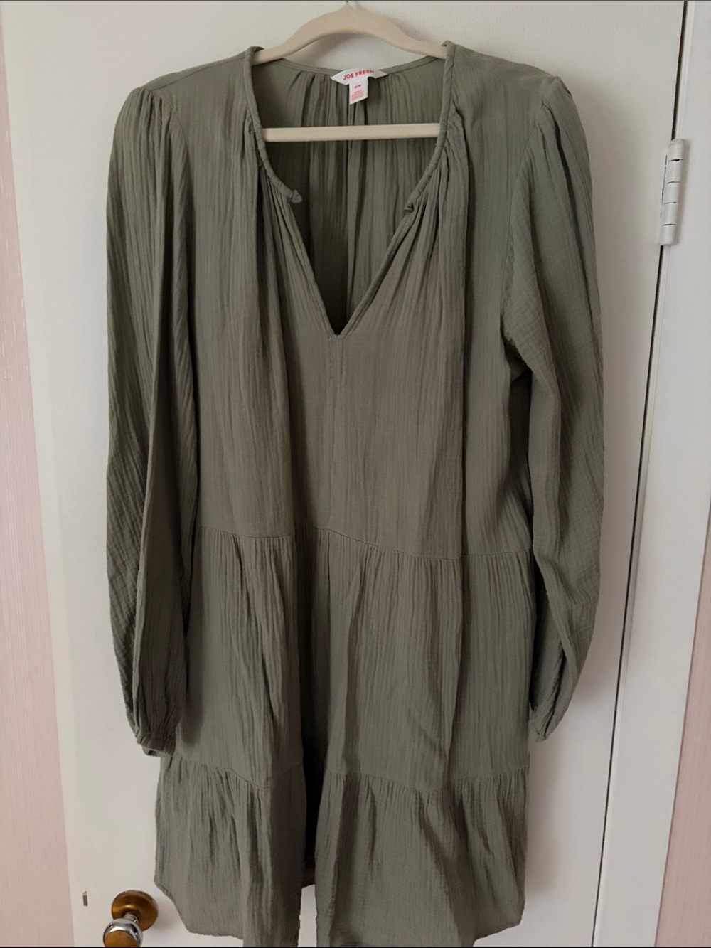 Joe Fresh Olive Long Sleeve Tiered V-Neck Dress